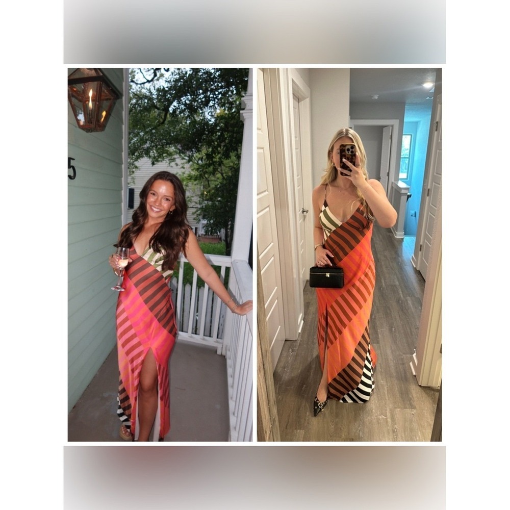 Anthropologie Hutch Striped Slip Maxi Dress Pink Brown Sundress Large